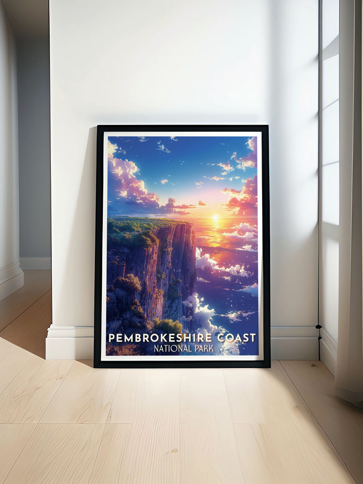 Cliff travel poster showcasing the breathtaking beauty of Pembrokeshire Wales with vibrant colors and elegant Art Deco style perfect for lovers of vintage travel art and UK national parks making it an ideal addition to any home decor or office space.