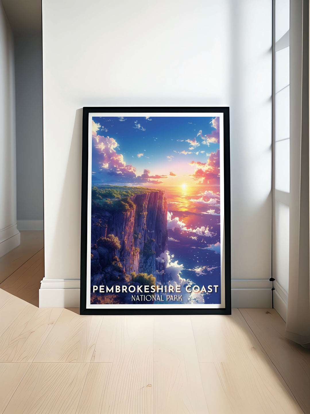Explore the diverse scenery of Pembrokeshire Coast with this travel poster, featuring the lush woodlands, rolling hills, and vibrant wildlife that make this park a natural treasure.