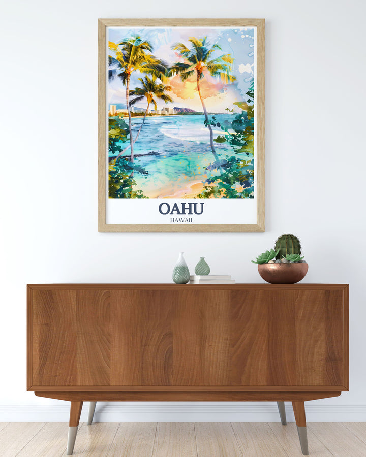 Elevate your home décor with this beautiful Oahu travel print, featuring the iconic Diamond Head and Waikiki Beach. Ideal for any room, this Hawaii wall art brings a piece of the islands tropical charm to your space.