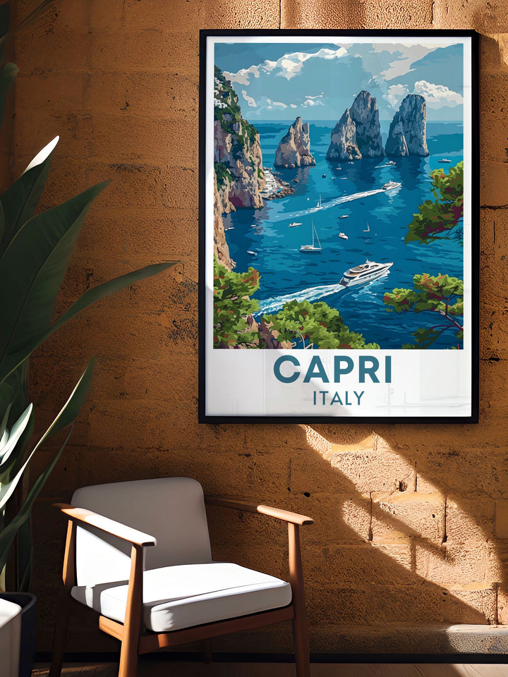 Showcasing the enchanting island of Capri, this travel poster highlights the dramatic cliffs and vibrant culture that make it a favorite retreat. Ideal for adding a touch of Italian charm to your home decor and celebrating the islands natural beauty.