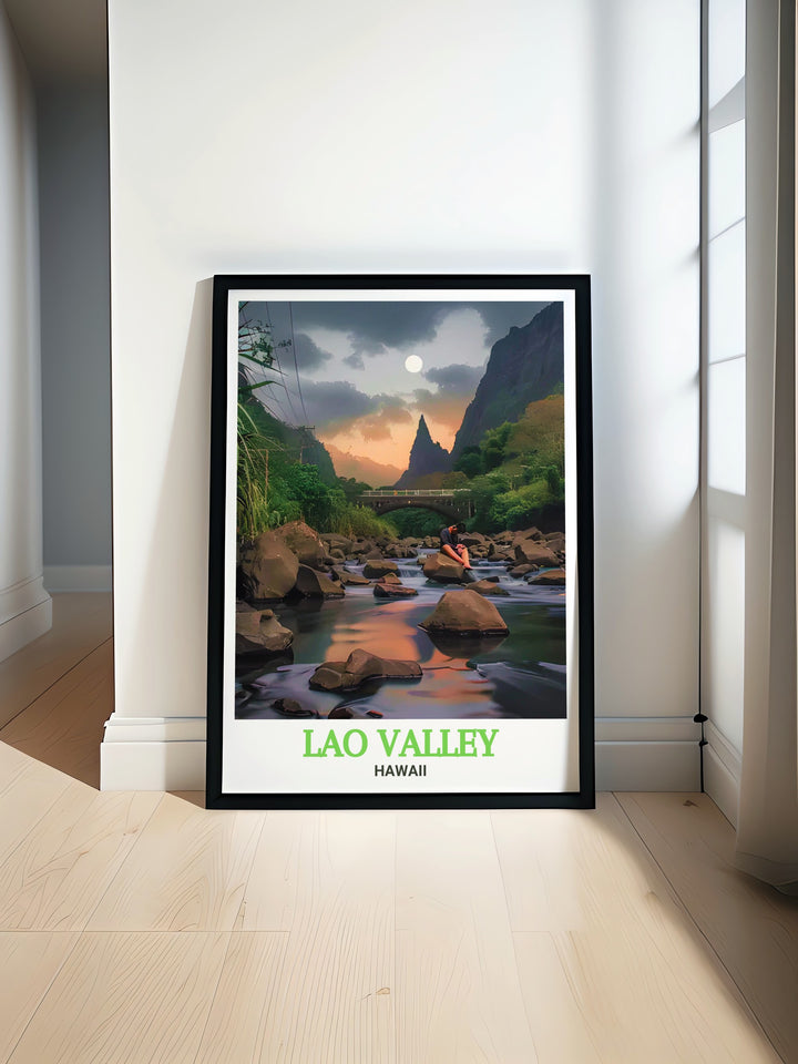 Transform your living room with this wall art of Lao Valley, Hawaii. The lush landscapes and serene ambiance of this artwork are sure to bring a sense of tranquility and natural beauty to any room, ideal for those who love the outdoors.