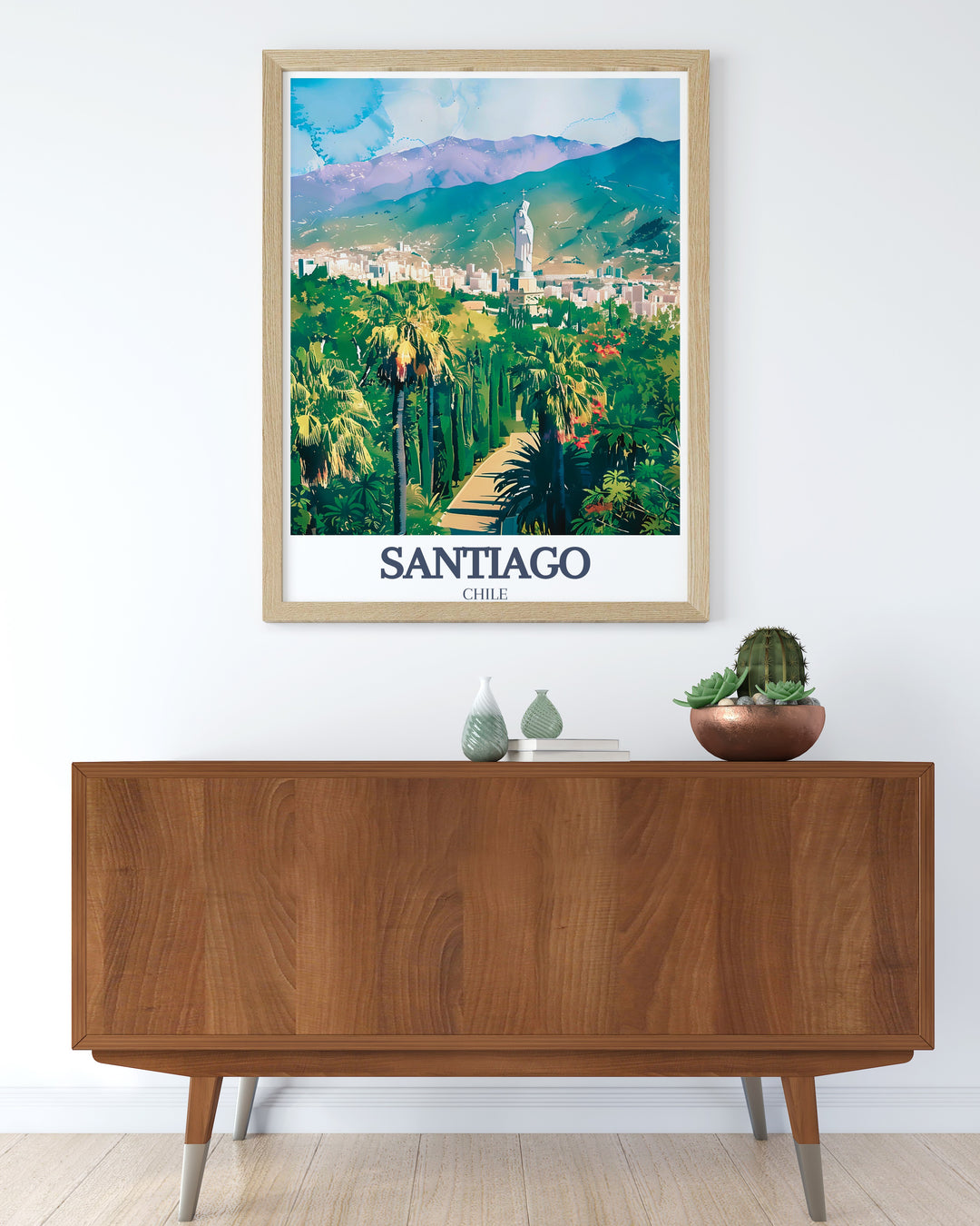 Santiago artwork featuring Cerro San Cristobal and the Statue of the Virgin Mary is the perfect choice for Spain wall decor This beautiful Spain print adds character and a touch of cultural elegance to your home or office