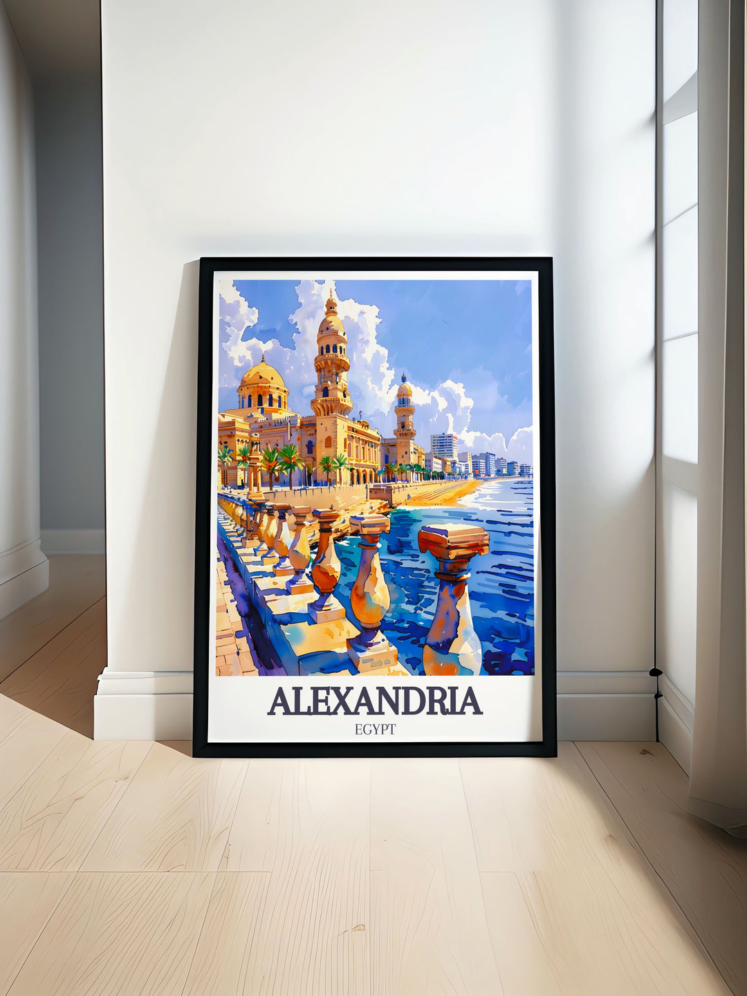 This vibrant Alexandria Egypt art print showcases Stanley Beach and Corniche Promenade Cathedral. Perfect for home decor, this colorful fine line print captures the citys essence and adds a touch of elegance to any room with its intricate details and vivid colors.