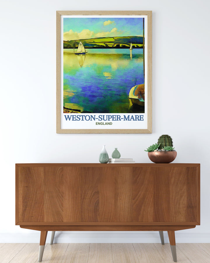 Marine Lake travel print highlights the peaceful and tranquil beauty of one of Weston super Mares most serene spots. This artwork captures the calm waters and picturesque views, offering a soothing coastal scene thats perfect for any room with a seaside theme.