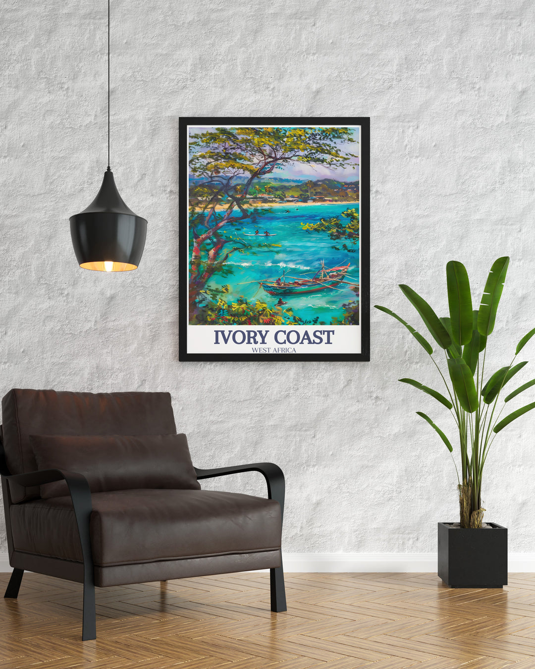 Experience the beauty of Ivory Coasts coastline with this vintage travel print featuring Assinie Mafia Lagoon and Grand Bassam Beach. Perfect for art collectors and travel lovers, this artwork brings the magic of West Africas beaches into your home.