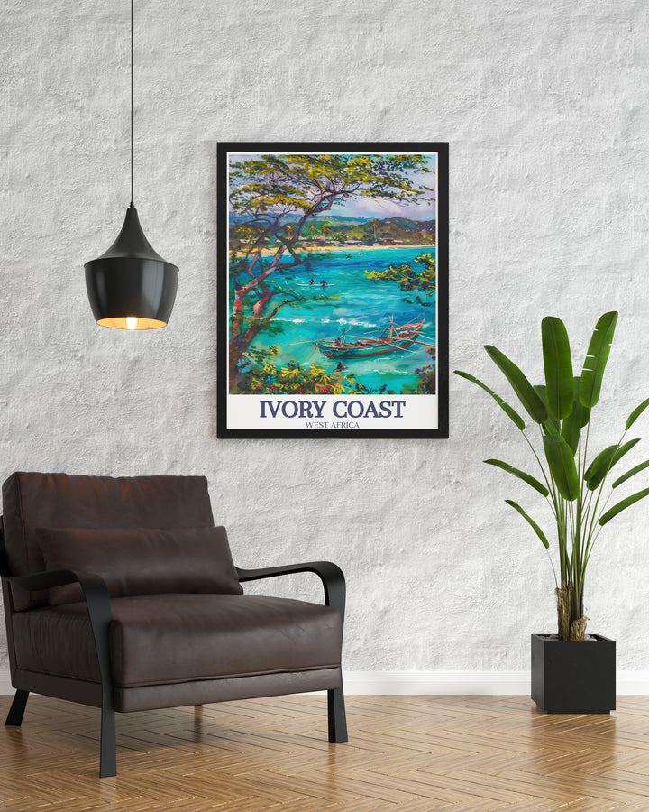 Experience the beauty of Ivory Coasts coastline with this vintage travel print featuring Assinie Mafia Lagoon and Grand Bassam Beach. Perfect for art collectors and travel lovers, this artwork brings the magic of West Africas beaches into your home.