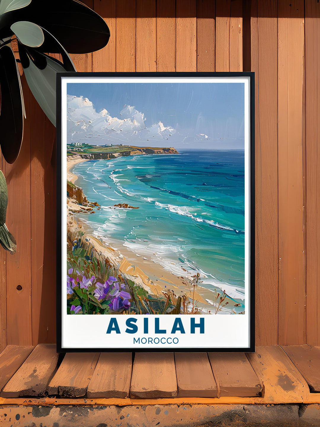 Framed Moroccan Art Asilah A framed piece of art that beautifully captures the essence of Asilah, focusing on the medinas whitewashed buildings and the expansive Paradise Beach. This framed artwork is a great addition to any room, showcasing the towns unique mix of history and coastal tranquility, making it an ideal choice for Moroccan art lovers and collectors.