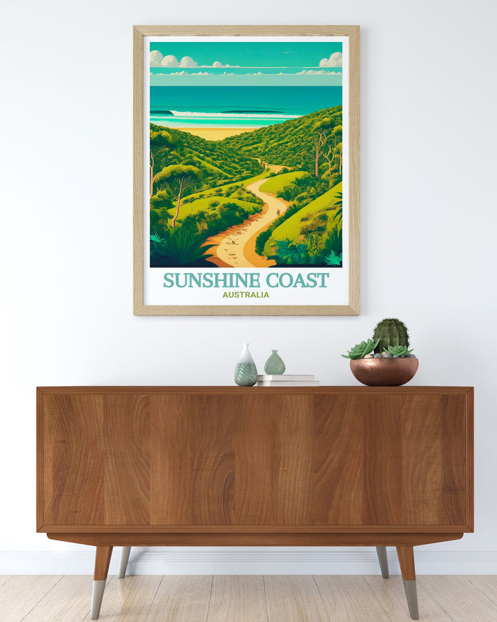 Noosa National Park, one of Australias most beloved natural treasures, is beautifully depicted in this detailed travel print. The stunning scenery and peaceful atmosphere make it an ideal piece of wall art for any room in your home.