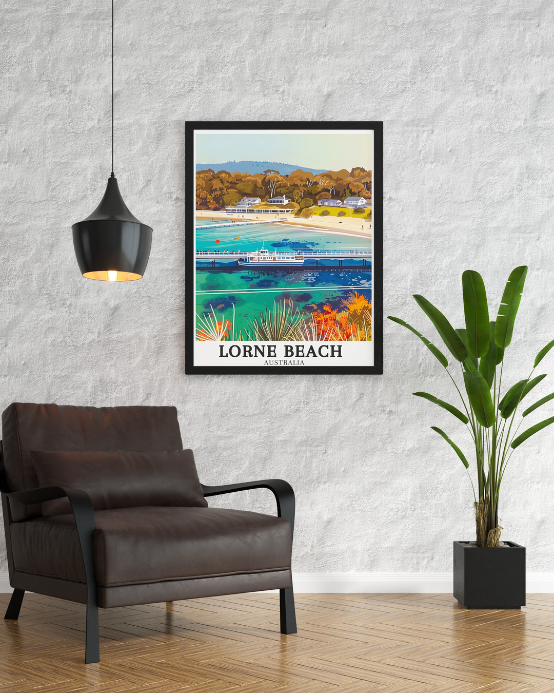 Transform your living space with this Lorne Beach Poster featuring Apollo Bay and Lorne Pier an ideal piece of Australia travel art this wall decor captures the peaceful beauty of Australias coastline and makes a wonderful gift for any occasion