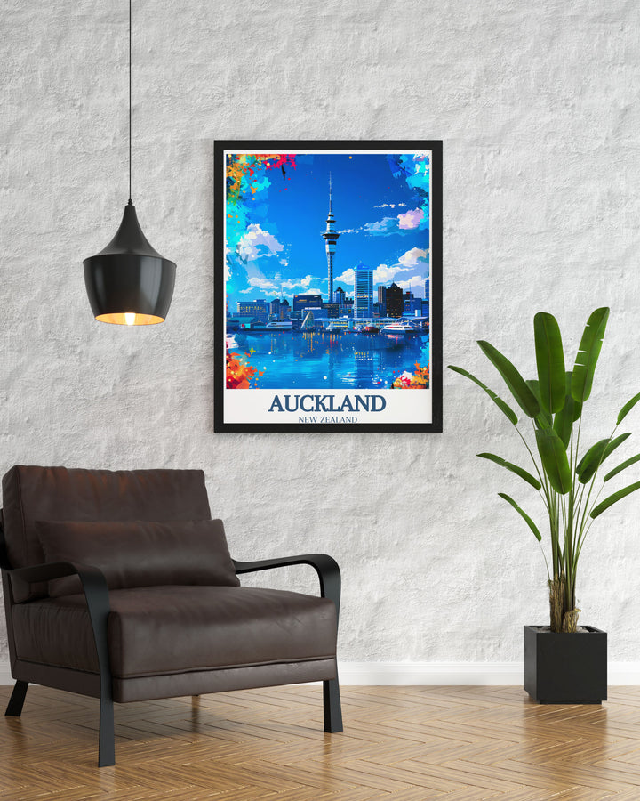 Elegant New Zealand wall art depicting the tranquil Waitematā Harbour and the bustling Auckland skyline. This piece highlights the contrast between the peaceful waters and the vibrant city life, adding a serene yet dynamic touch to any room.