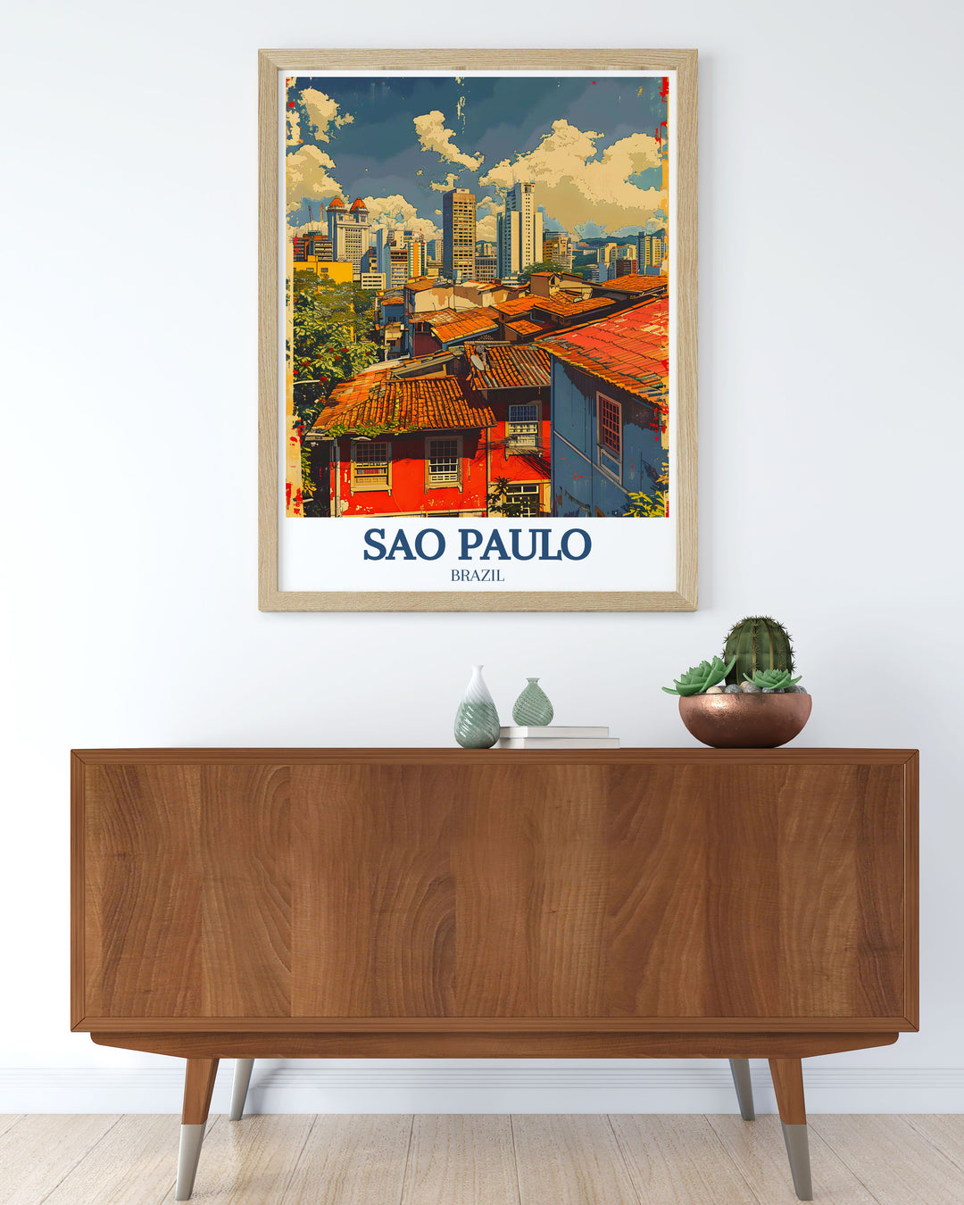 This detailed print of the Sao Paulo skyline offers a stunning depiction of the citys urban landscape, including modern skyscrapers and historic buildings, ideal for architecture enthusiasts.