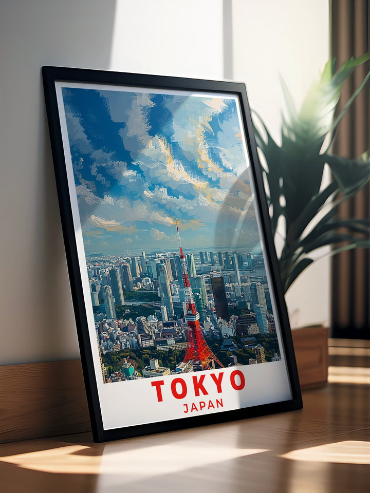 Tokyo Tower and Mount Fuji are beautifully depicted in this framed travel poster, highlighting Japans unique blend of cityscapes and natural beauty. Perfect for lovers of Japanese art, this print captures the serene charm of Japans most iconic landmarks.