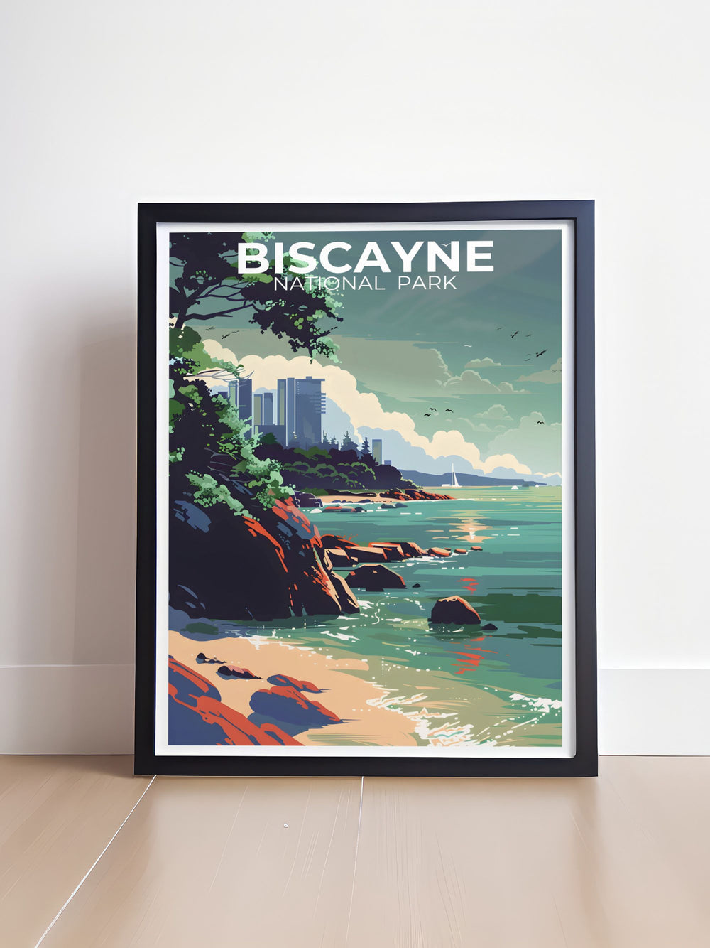 Beautiful Biscayne National Park travel poster capturing the scenic Biscayne Bay Trail and the underwater beauty of the coral reefs, perfect for enhancing your home or office with the parks iconic landmarks.