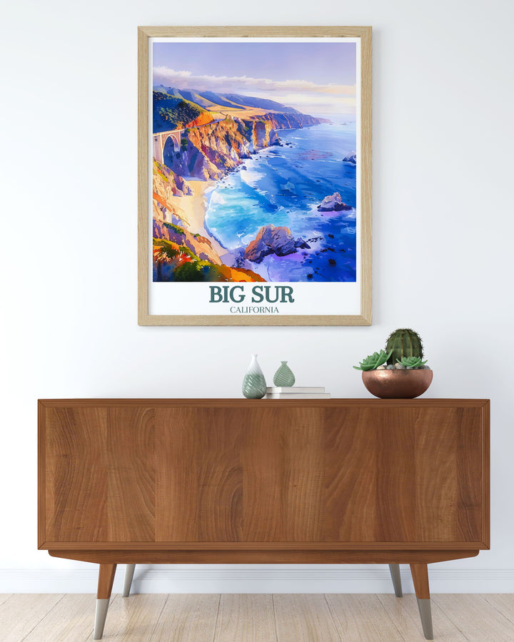 This detailed art print of Big Sur highlights its world famous coastal views and the historic Bixby Creek Bridge, set against the stunning backdrop of the Pacific Ocean, ideal for those who love coastal travel art.