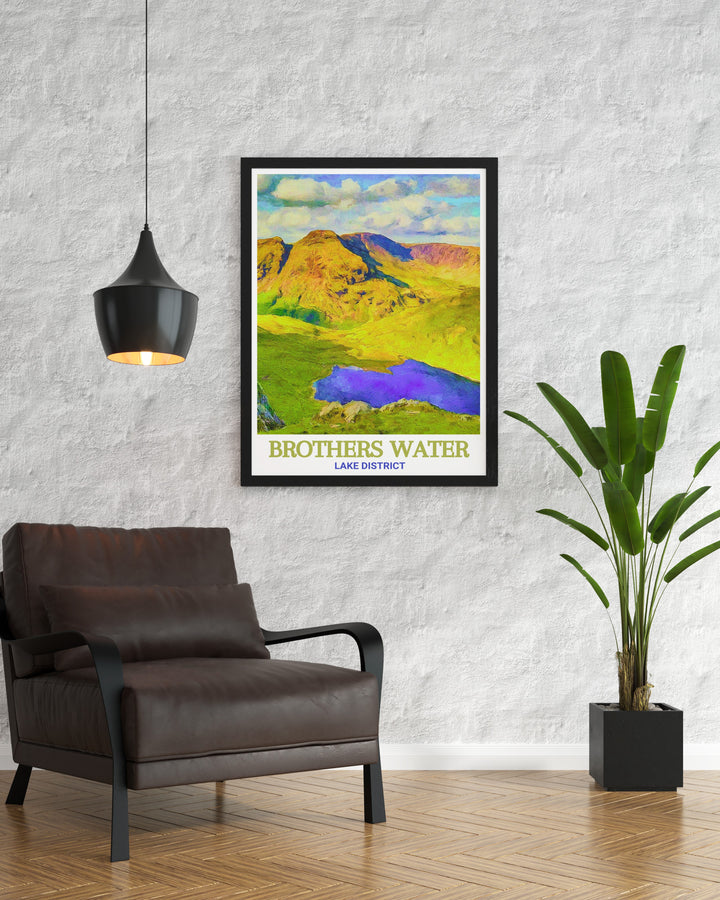 Brothers Water poster print captures the calm beauty of this Lake District gem, with its reflective waters set against the rolling hills of Hartsop Valley. Perfect for travelers who adore Englands national parks, this art print brings a serene touch of nature to any room.