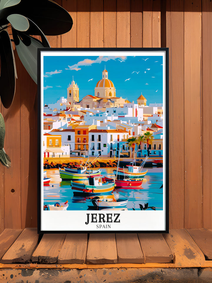 Jerez Cathedral framed art illustrating the historical significance and stunning architecture of this Andalusian landmark. A great gift for history lovers, this travel print brings the iconic Spanish heritage to your home décor.