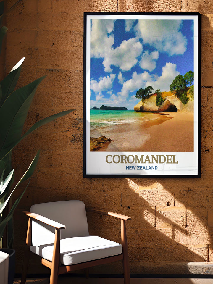 Elegant poster of Cathedral Cove, highlighting the serene beach, dramatic cliffs, and the natural beauty of New Zealands Coromandel Peninsula, ideal for creating a peaceful and inspiring atmosphere in any room.