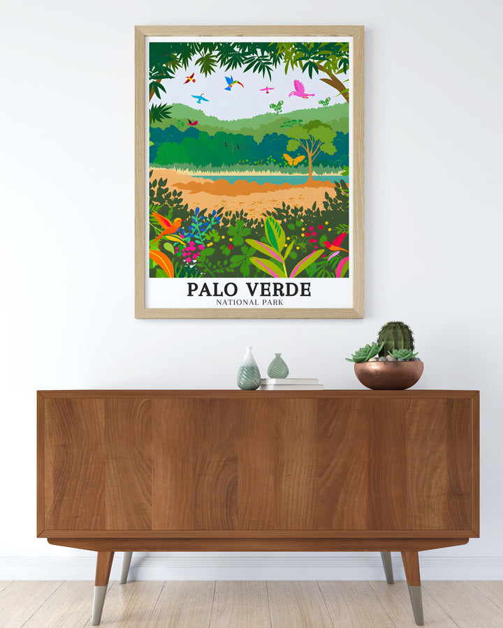 Beautifully rendered Palo Verde poster print from Costa Ricas Arenal Tempisque Conservation Area featuring the Tempisque River a perfect gift for travelers and nature enthusiasts who want to incorporate adventure and the wild beauty of Costa Rica into their decor.