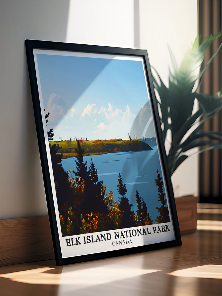 Elk Island National Park art print highlighting the iconic Astotin Lake, where bison roam freely. This print is perfect for anyone who appreciates Canadas natural beauty and wants to bring a piece of its wilderness into their living space.