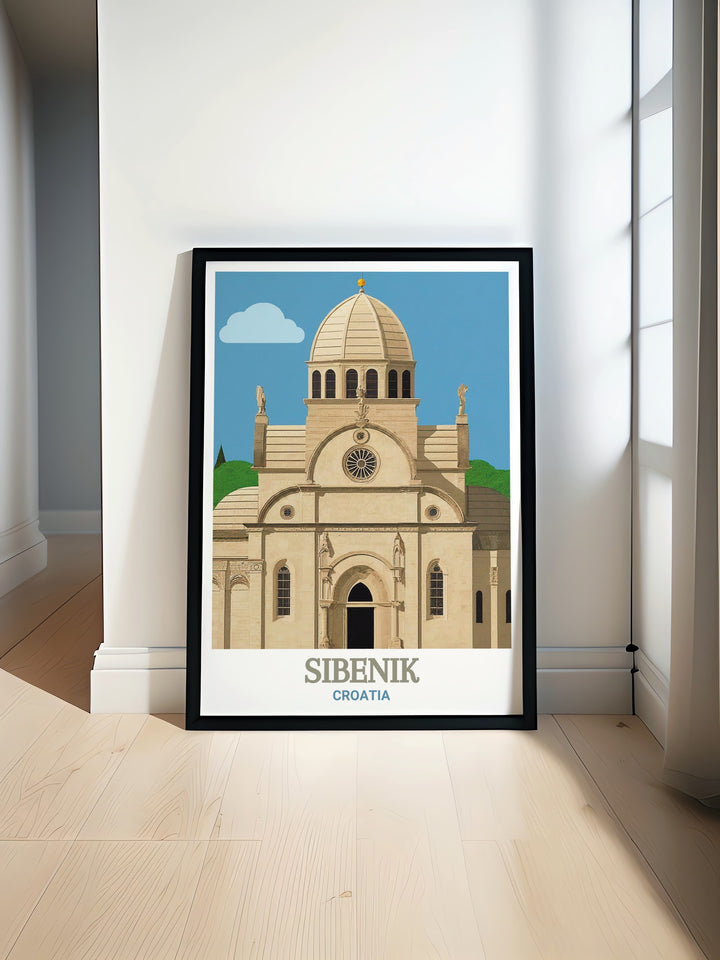 Travel poster of Sibenik, Croatia, focusing on the majestic St. James Cathedral, a masterpiece of Renaissance architecture. This detailed artwork captures the essence of Sibenik, blending historical significance with the natural beauty of this coastal town, ideal for travel enthusiasts and history lovers.