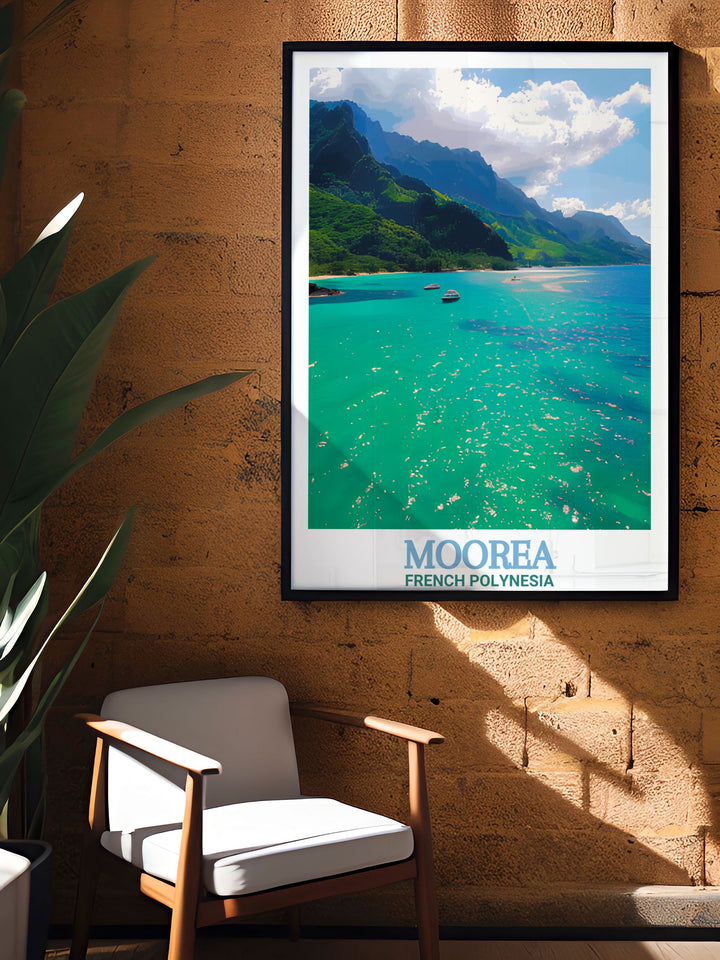 This Moorea Print captures the essence of French Polynesia, with the stunning landscape of Cooks Bay and the majestic peaks of Moorea. Perfect for adding a tropical touch to your home, this print offers a beautiful representation of island life.