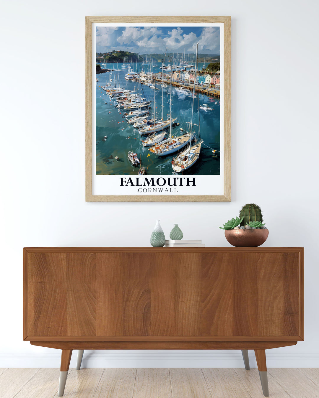 Falmouth Harbour home decor piece showcasing the picturesque view of the harbour in Cornwall. This travel poster is a delightful addition to any room, bringing the calming influence of the sea and the vibrant port into your space.