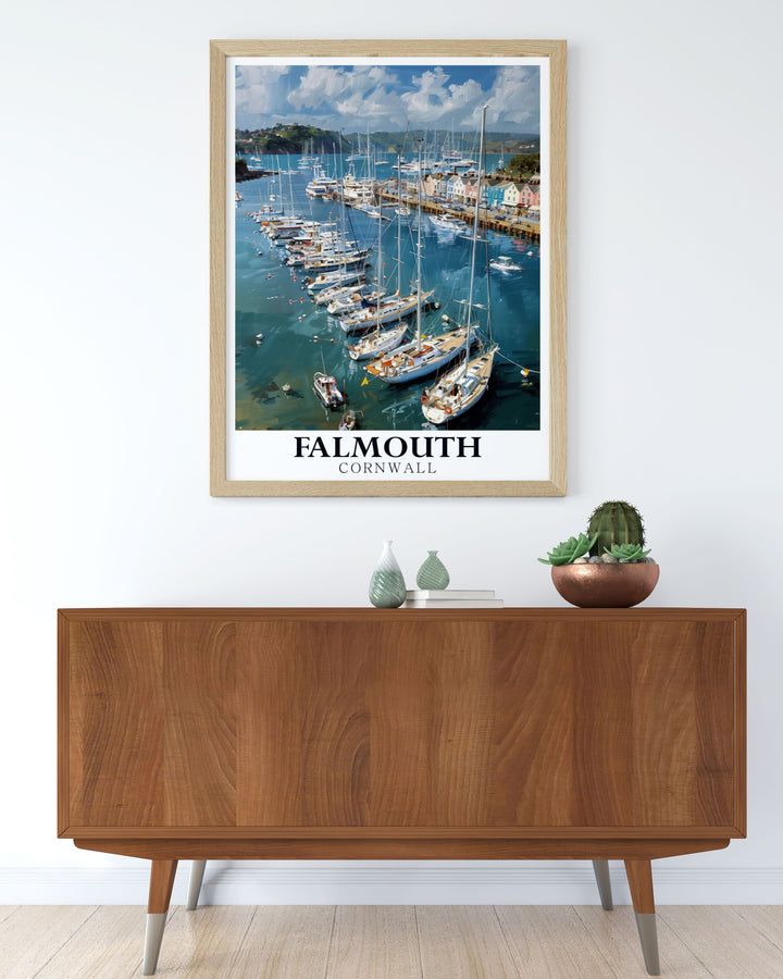 Falmouth Harbour home decor piece showcasing the picturesque view of the harbour in Cornwall. This travel poster is a delightful addition to any room, bringing the calming influence of the sea and the vibrant port into your space.