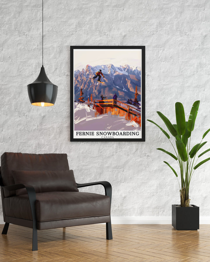 Fernie Alpine Resort travel print highlighting the world class snowboarding terrain in British Columbias Rocky Mountains. The vibrant depiction of the snow covered peaks and open trails makes this a perfect addition to any adventure lovers art collection.