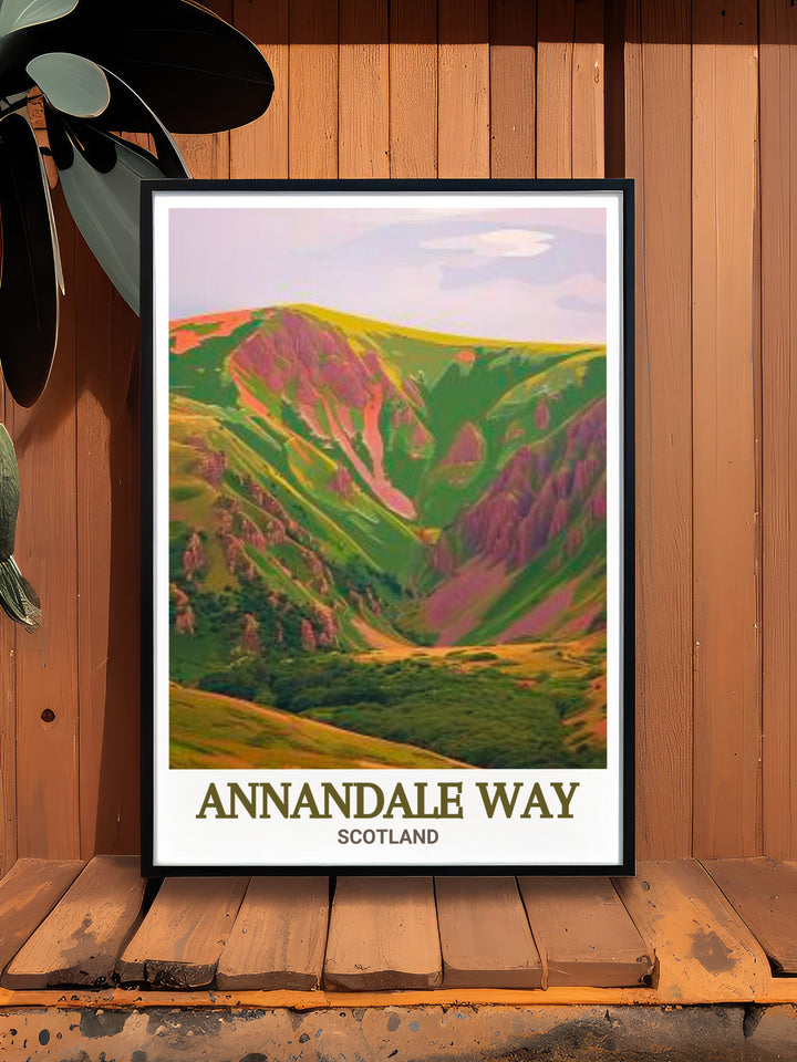 Devils Beef Tub and Annandale Way Travel Print highlighting the natural beauty of Scotlands Great Trails ideal for hikers and those who love to explore new landscapes a perfect addition to any art collection