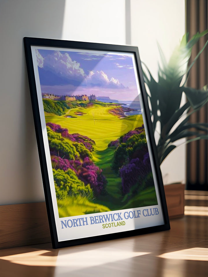 North Berwick Golf Club Canvas Art featuring a panoramic view of the famous Scottish links course. The artwork captures the rolling fairways and coastal scenery, making it a great addition for any golf lovers collection or for anyone who appreciates Scotlands natural beauty.