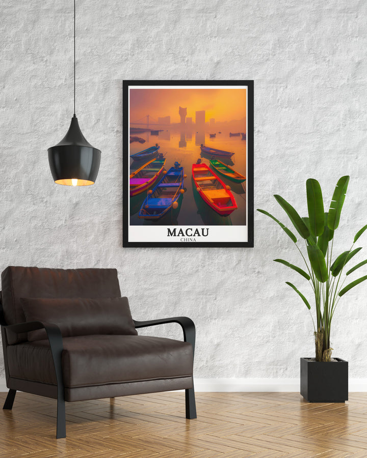 This Macau Wall Art showcases the breathtaking Macau Outer Harbour Macau Skyline and South China Sea making it a perfect choice for those looking to enhance their decor with a touch of elegance The vibrant colors and detailed design make this print a standout piece