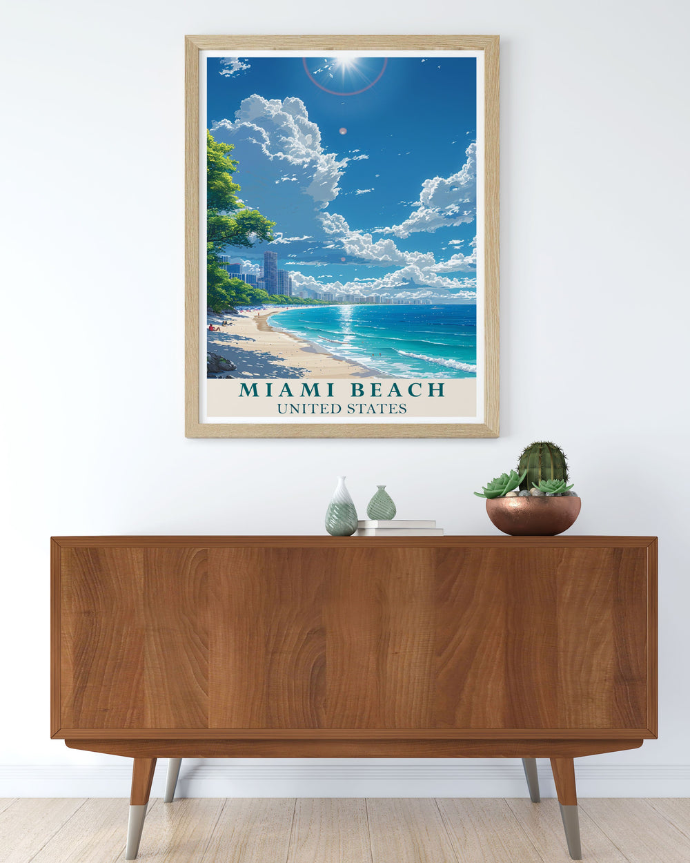 Miami Beach Art depicting the dynamic and colorful Miami beach cityscape offering a perfect Florida Travel Art piece for your home or office ideal for those who love the vibrant atmosphere and sunny beaches of Miami Beach.