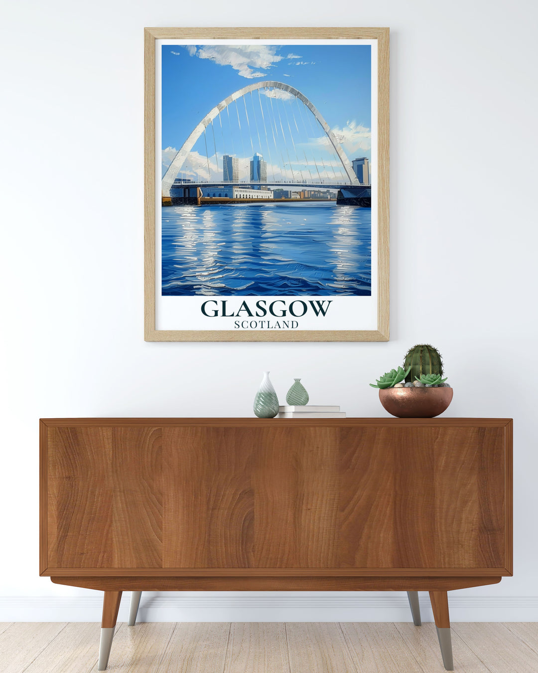 Stunning The Clyde Arc wall art print highlighting the grandeur of this famous landmark. Enhance your home or office with this exquisite piece of Glasgows modern architecture.