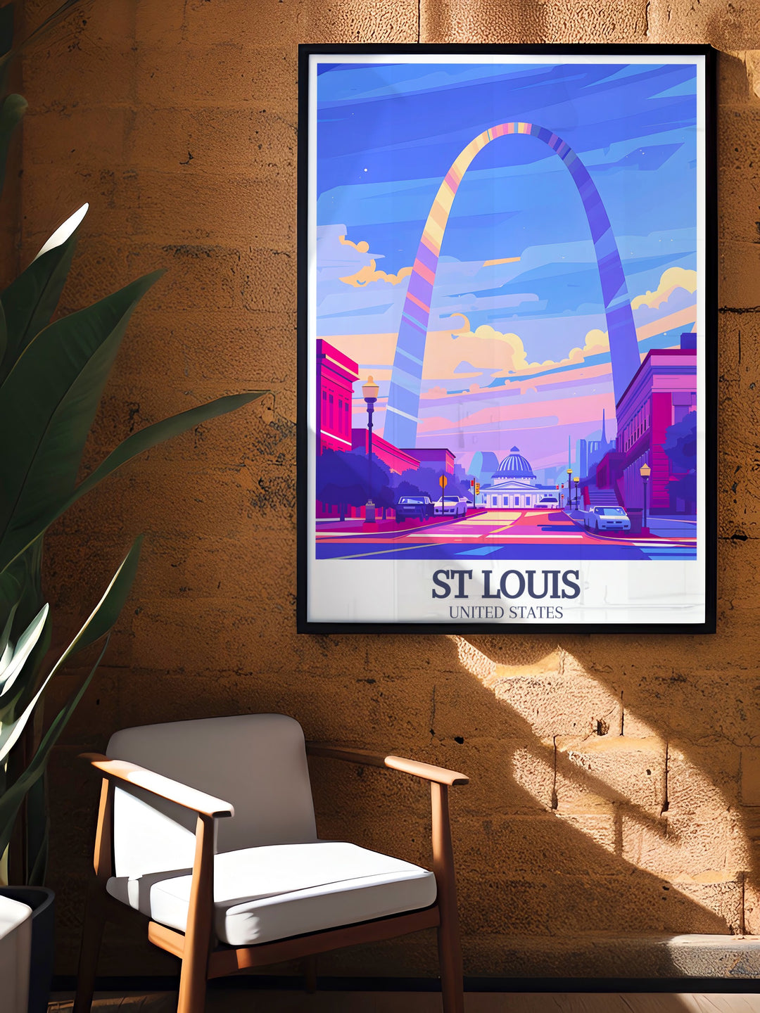 Captivating St Louis travel print showcasing Gateway Arch and Old Courthouse elegant home decor piece that highlights the beauty and history of Missouri perfect for enhancing any room with vibrant city colors and detailed artistic design