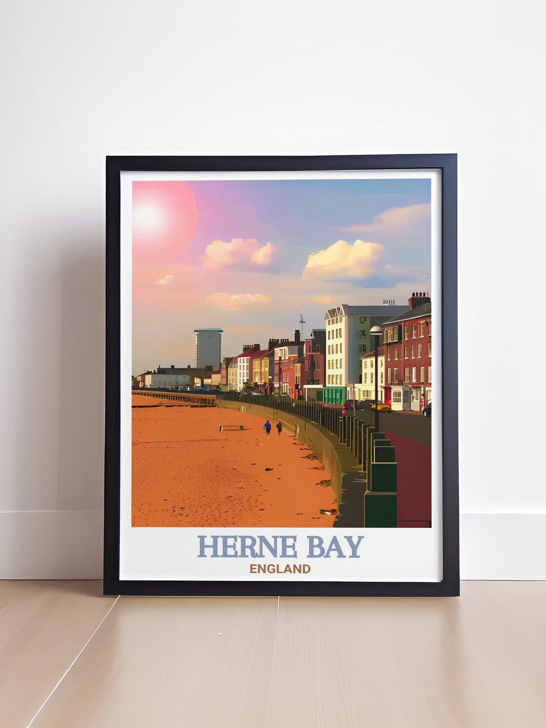 Our Herne Bay travel print brings the charm of Kents coastline into your home with a stunning view of Herne Bay Beach. This vibrant poster showcases the beach huts and peaceful shore, making it a perfect addition to any seaside inspired room or office.