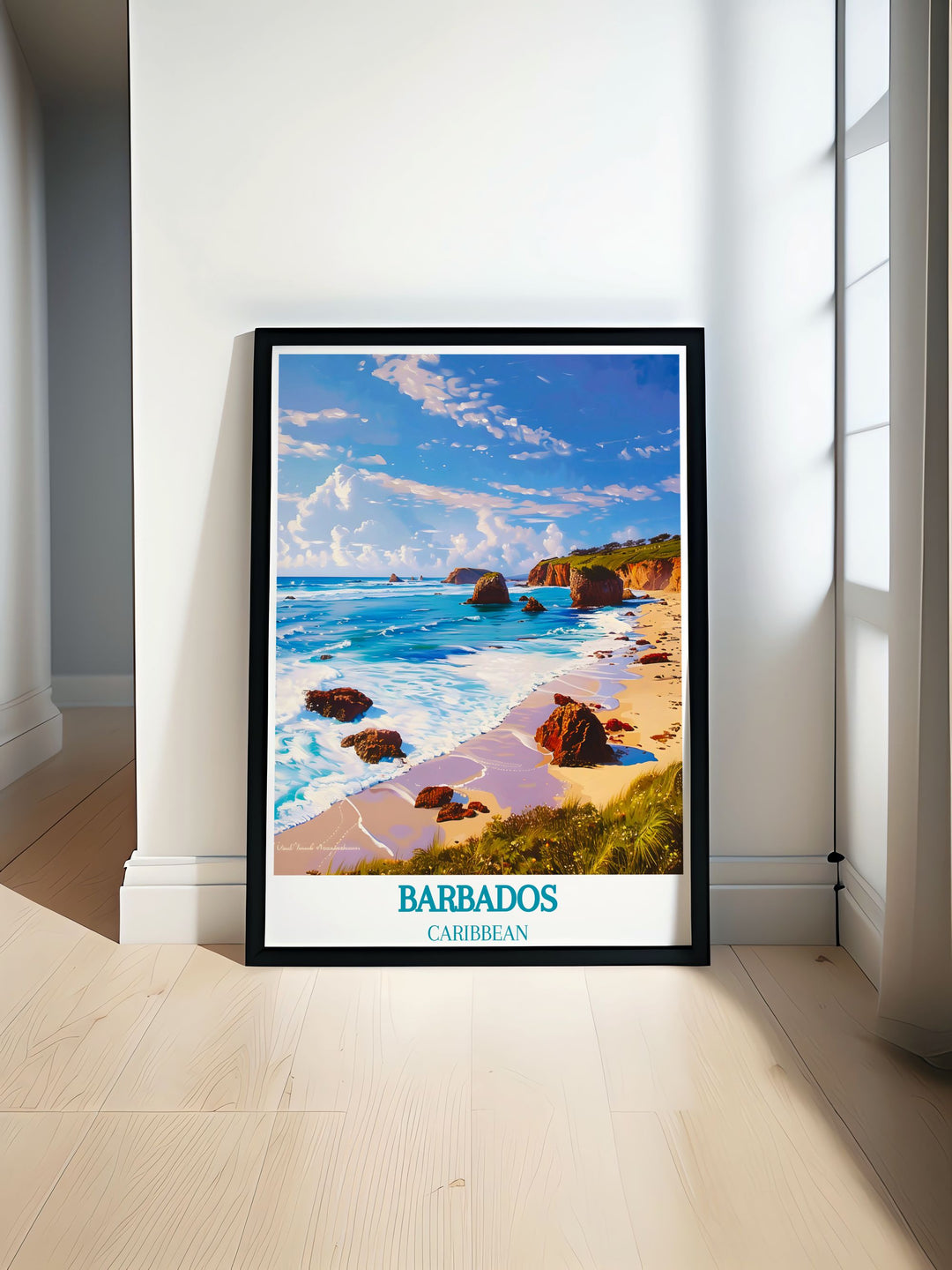 Bathsheba Beach art print capturing the dramatic rock formations and rolling waves of Barbados, perfect for adding a touch of natural beauty and serenity to any room.