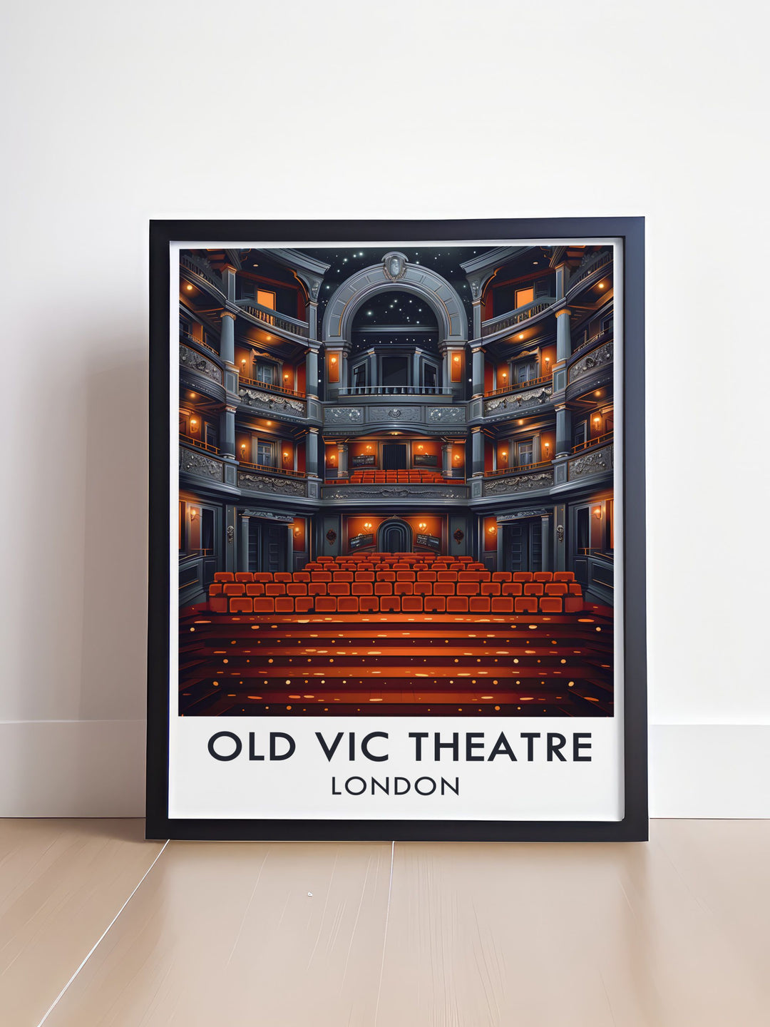 This retro inspired travel print highlights the beauty of The Old Vic Theatres main auditorium. The art deco style and vibrant colors capture the timeless elegance of one of Londons most beloved theatres, perfect for those who appreciate Londons rich cultural history.