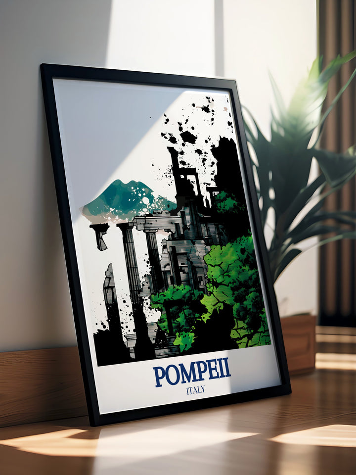 Pompeii travel poster highlighting the historic landmarks of the ancient city, including the Temple of Apollo and Mount Vesuvius. This vintage style wall poster is ideal for adding a touch of Italian history and culture to any room in your home.