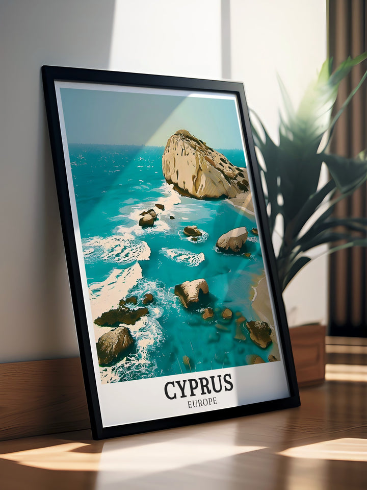 Aphrodites Rock, a landmark rich in mythological history, is the focus of this Cyprus travel print. Whether as a gift or a piece of decor, this artwork captures the peaceful charm of Paphos, making it an ideal addition to any Mediterranean inspired home.