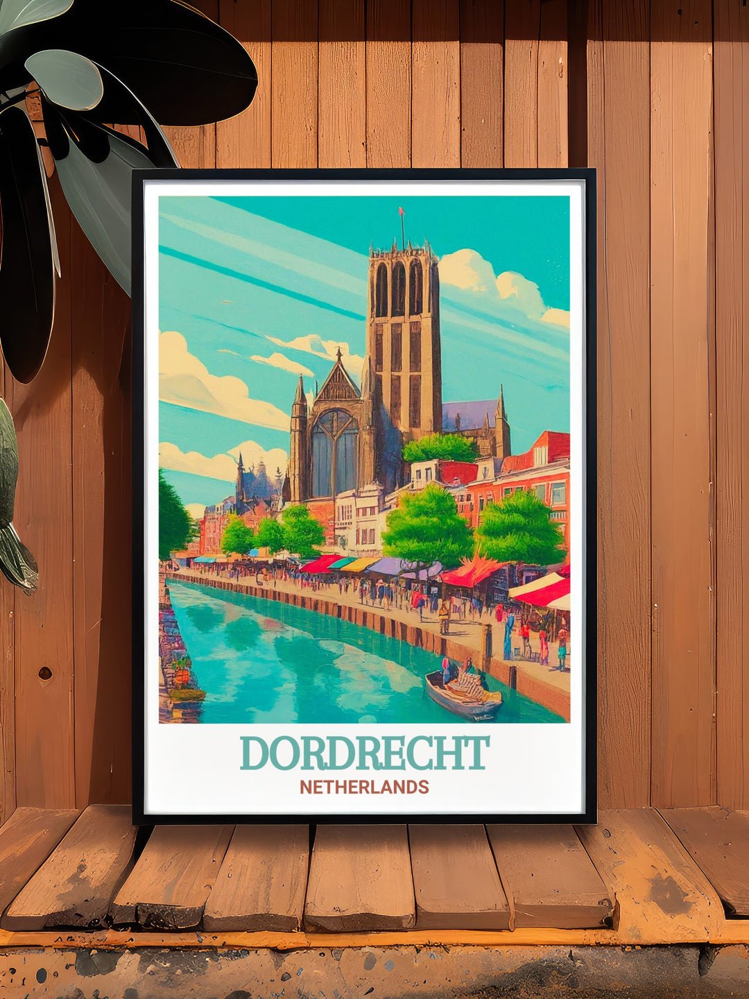 Dordrecht art print showcasing the impressive Gothic design of Grote Kerk, one of the Netherlands most significant churches. Perfect for adding a touch of history and elegance to your home, this travel poster celebrates Dutch architectural achievements.