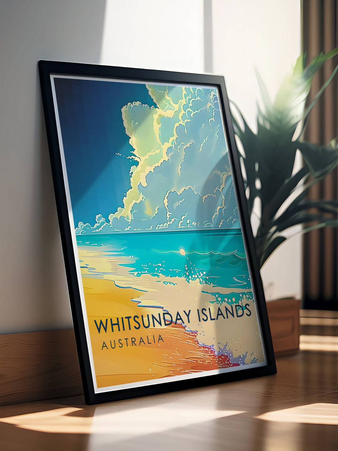 Beautiful Whitehaven Beach travel poster illustrating the breathtaking landscape of Australias Whitsunday Islands perfect for beach themed home decor