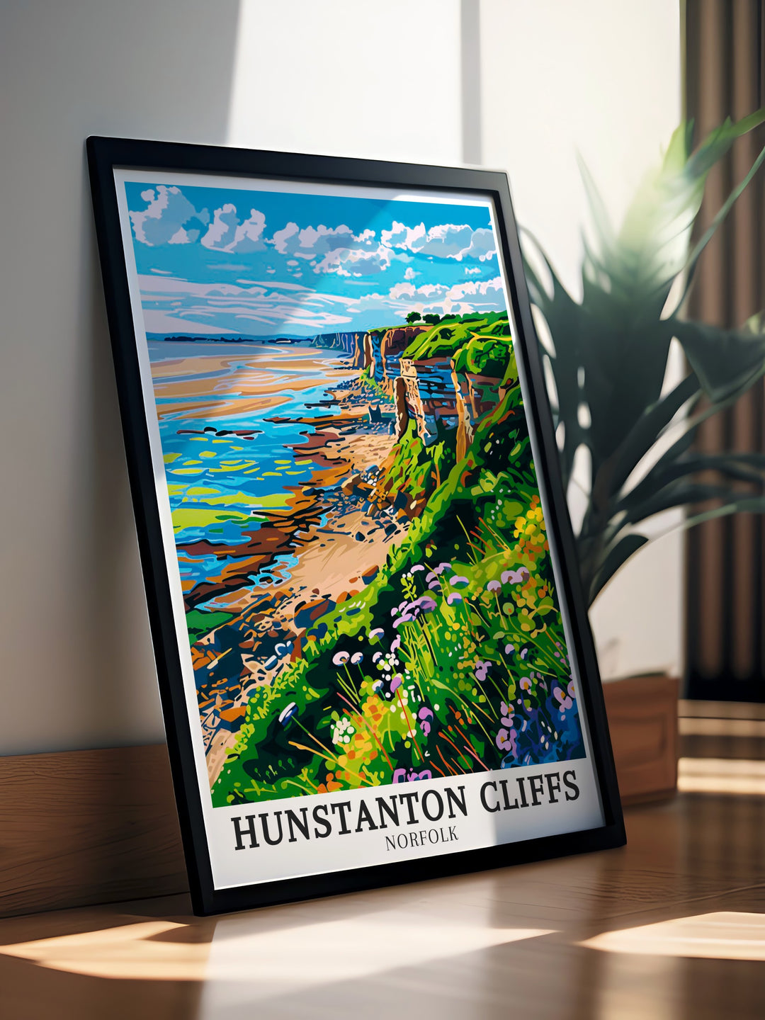 Hunstanton Beach travel print featuring the calm beauty of the shoreline and its wide sands. This artwork brings the peaceful atmosphere of Hunstanton Beach into your home, ideal for creating a relaxing and serene environment in any living space.