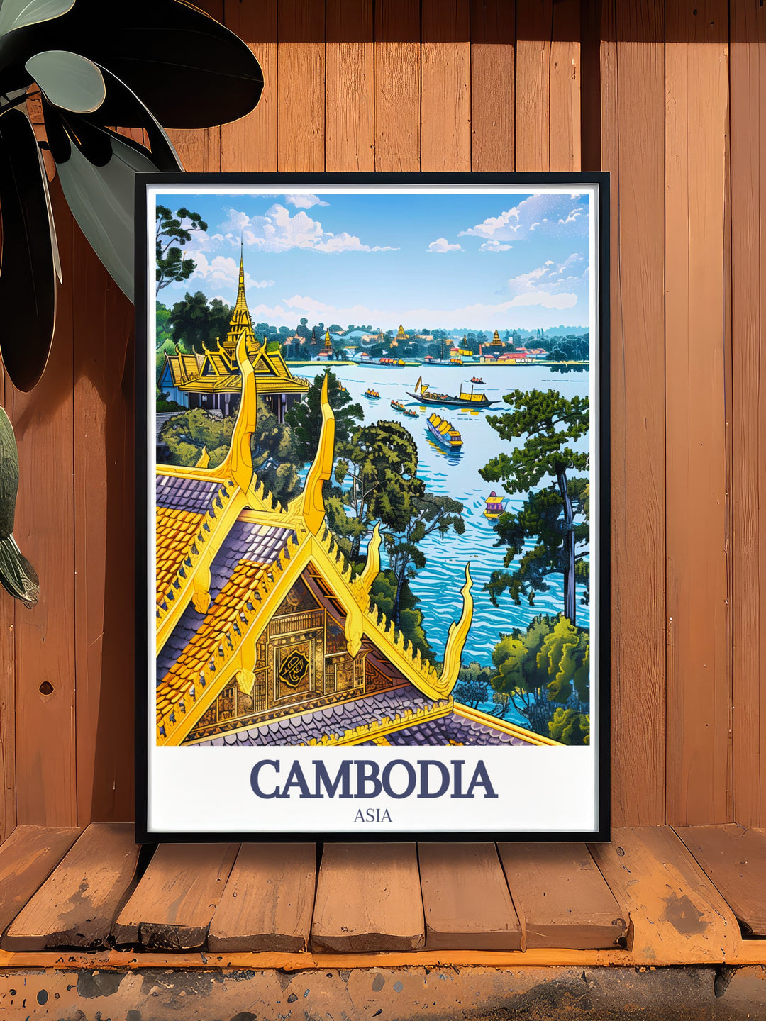 Celebrate Cambodias heritage with this Royal Palace, Phnom Penh, Tonle Sap Lake travel poster. The intricate artwork captures the elegance of these iconic sites, making it a perfect addition to any Southeast Asia inspired decor. A timeless piece for your collection.