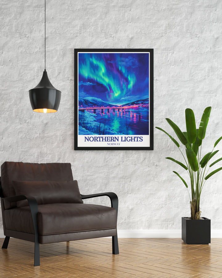 Bring the enchanting beauty of the Northern Lights into your home with this exquisite Vintage Travel Print featuring the serene landscapes of Svalbard Norway