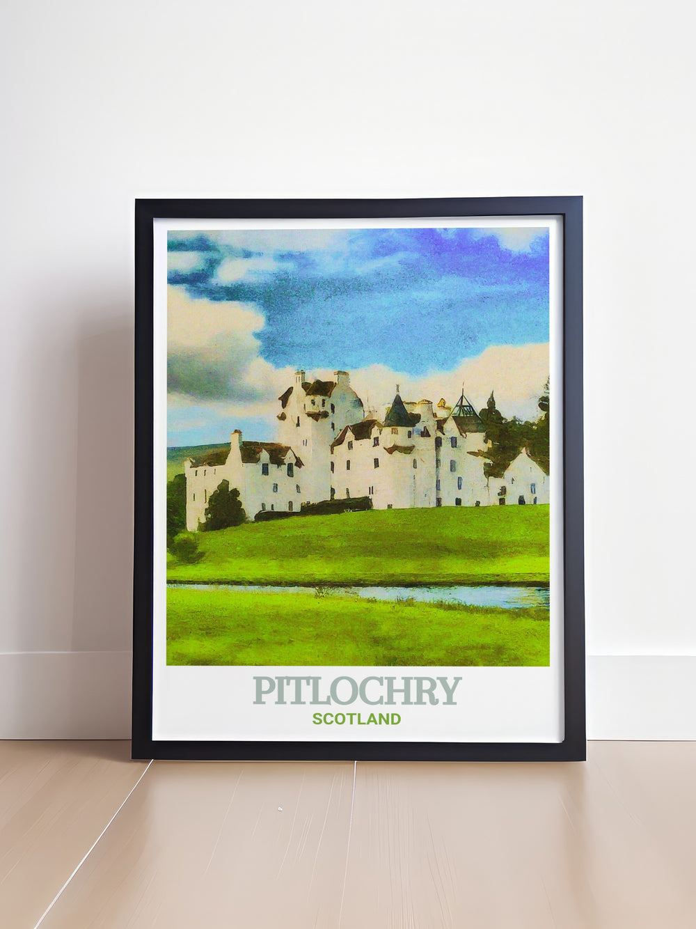 Blair Castle wall art depicting the grandeur of one of Scotlands most famous castles, surrounded by the stunning scenery of the Highlands. This framed art piece is perfect for those who wish to celebrate Scotlands rich cultural heritage.