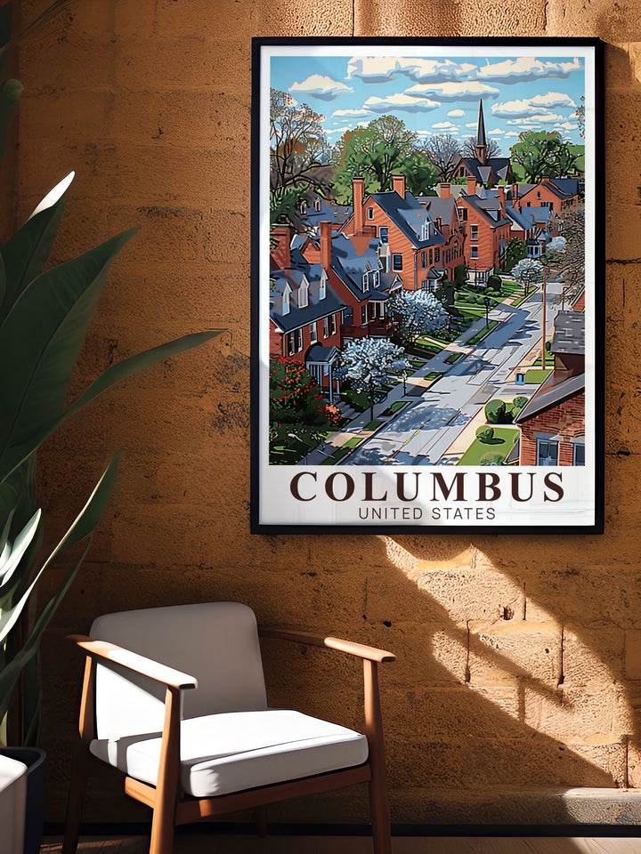 Columbus city map poster with a focus on German Village and the skyline. This minimalist travel print is an ideal piece of wall decor for those who appreciate Ohios historic charm and modern design. It is also a perfect gift for Columbus lovers.