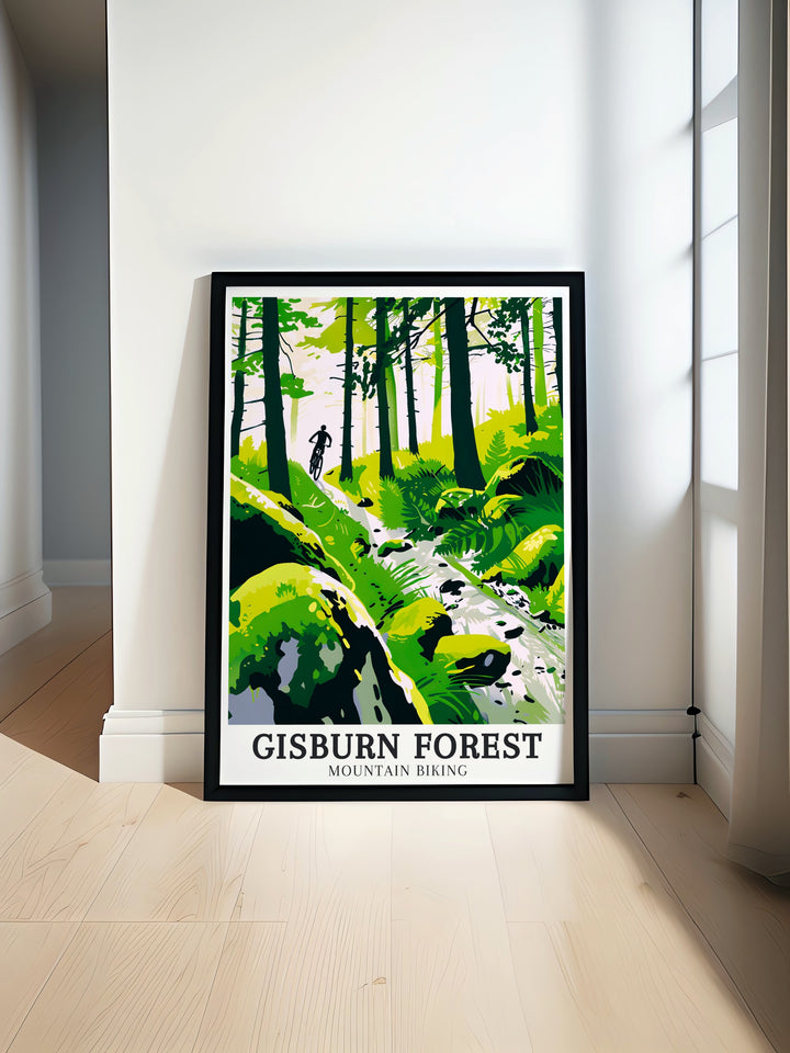 Stunning Mountain Bike Print showcasing the scenic trails of Gisburn Forest Blue Route with vibrant details of MTB adventures in the Forest of Bowland perfect for cycling enthusiasts and outdoor art lovers