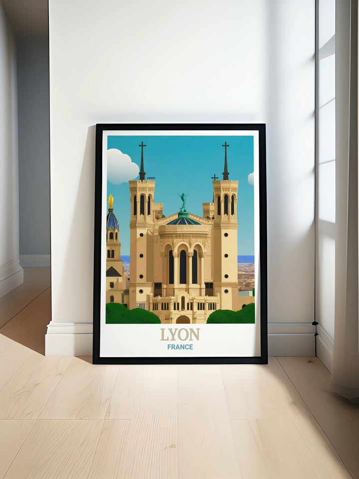 Lyon Art Print highlighting the fine details of the Basilica of Notre Dame de Fourvière, set against the picturesque landscape of Lyon. This print is a beautiful way to bring the charm of one of Frances most beloved cities into your living space.