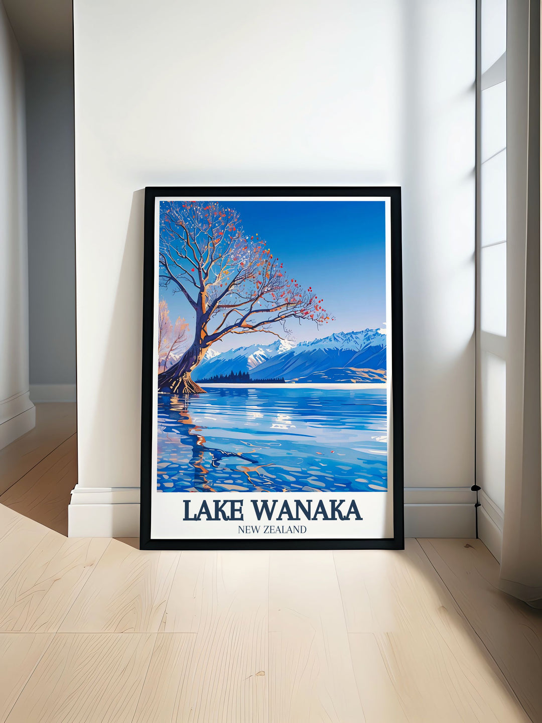Beautiful New Zealand print featuring the iconic lake wanaka tree in Mount Aspiring National Park Perfect for adding a touch of nature to your home decor and creating a serene atmosphere with its vibrant colors and detailed artwork