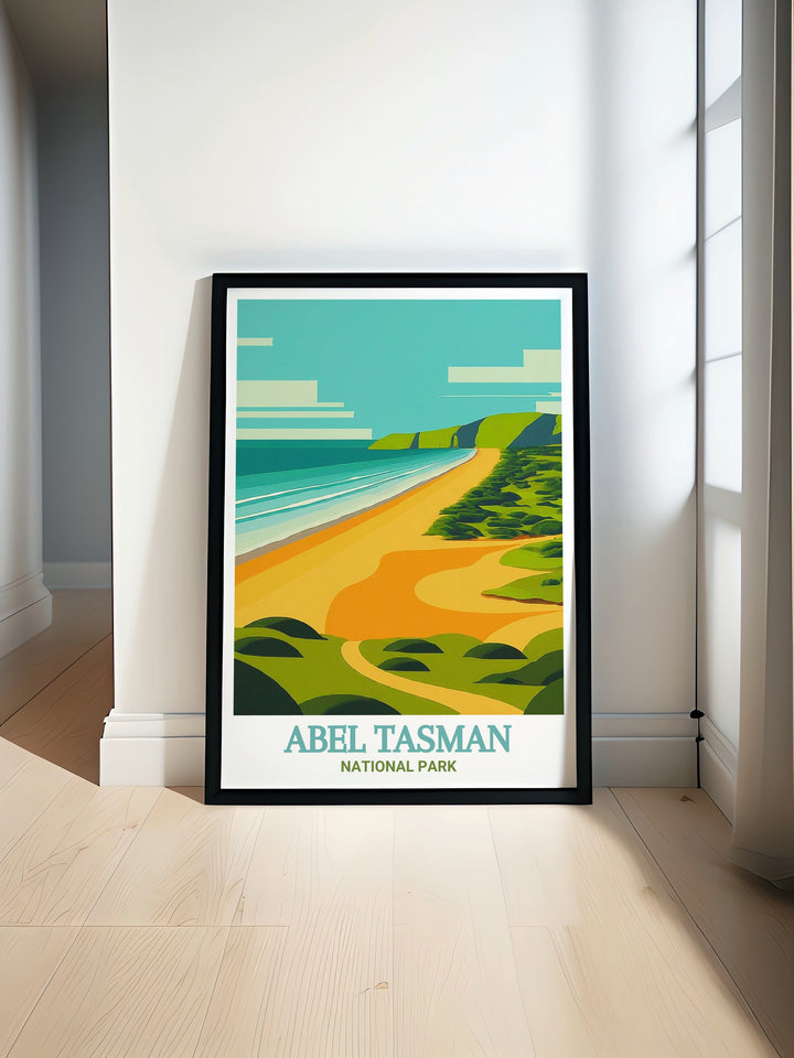 Discover the stunning beauty of Totaranui Beach with this New Zealand Wall Art perfect for adding a touch of elegance to any room and bringing the serene landscapes of South Island NZ into your home